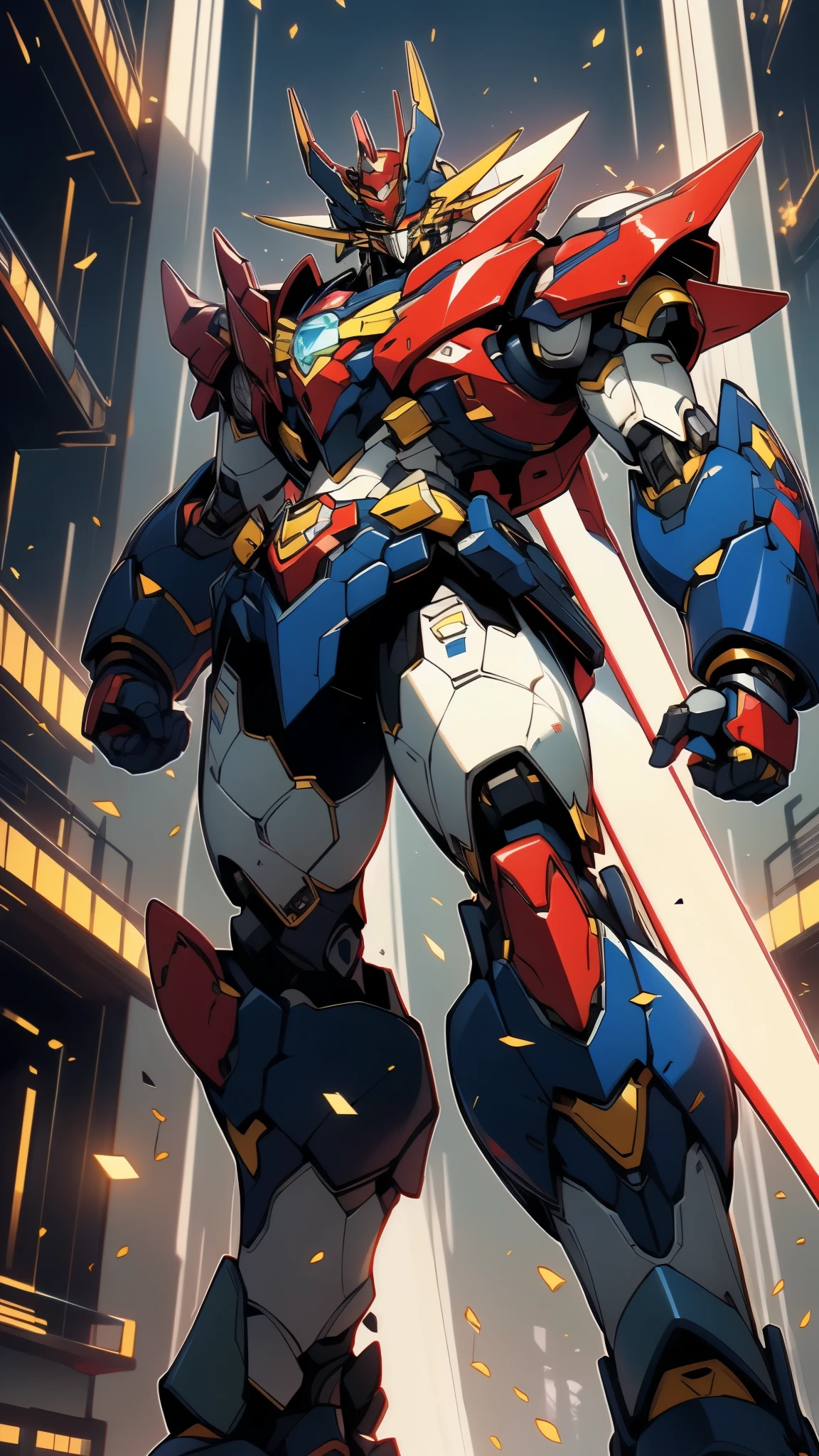 Humanoid Mecha, fully enclosed shoulder guards, matching arm and leg guards, full body, full armor, super robot, the design balances heavy with agility, (the color scheme is primarily white with red and blue accents, the concept Inspired by Mazinger Z, ruby chest armor, pose, standing, floating high above the futuristic sci-fi city), exquisite and mature art style, (aura effect, energy, glowing eyes, the armor glows), ((SRS)), metallic, dramatic, high definition, best quality, highres, ultra-detailed, ultra-fine painting, extremely delicate, professional, perfect body proportions, anatomically correct, symmetrical face, extremely detailed eyes and face, high quality eyes, creativity, RAW photo, UHD, 32k, Natural light, cinematic lighting, masterpiece-anatomy-perfect, masterpiece:1.5