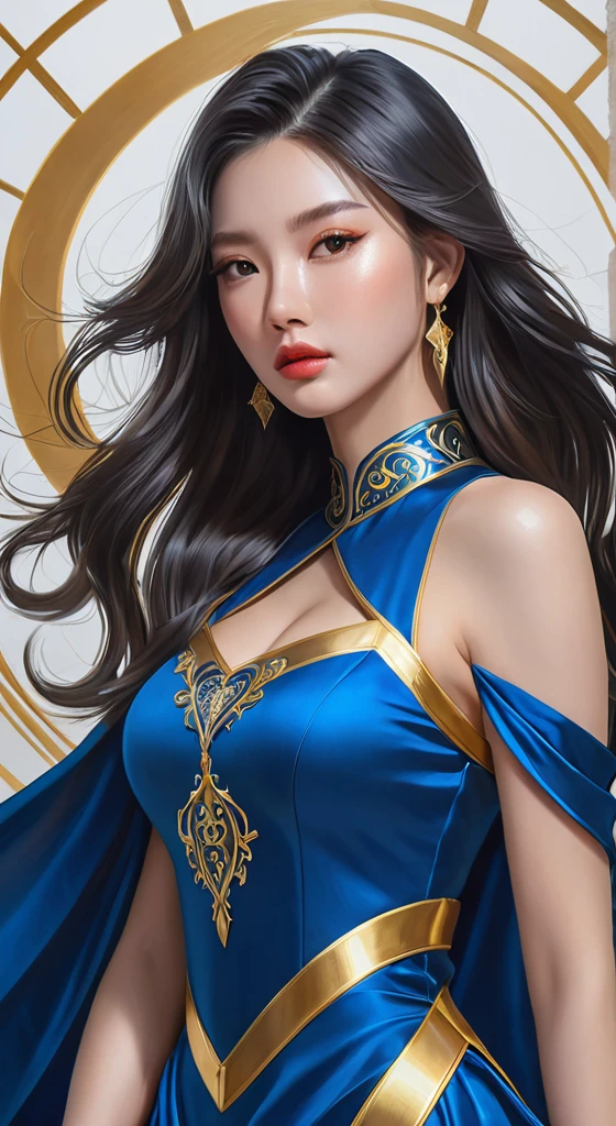 a woman in a blue and gold dress posing for a picture, digital art by Yang J, trending on cg society, fantasy art, ig model | artgerm, extremely detailed artgerm, style artgerm, trending artgerm, style of artgerm, portrait knights of zodiac girl, beautiful character painting, by ruan jia and stanley artgerm