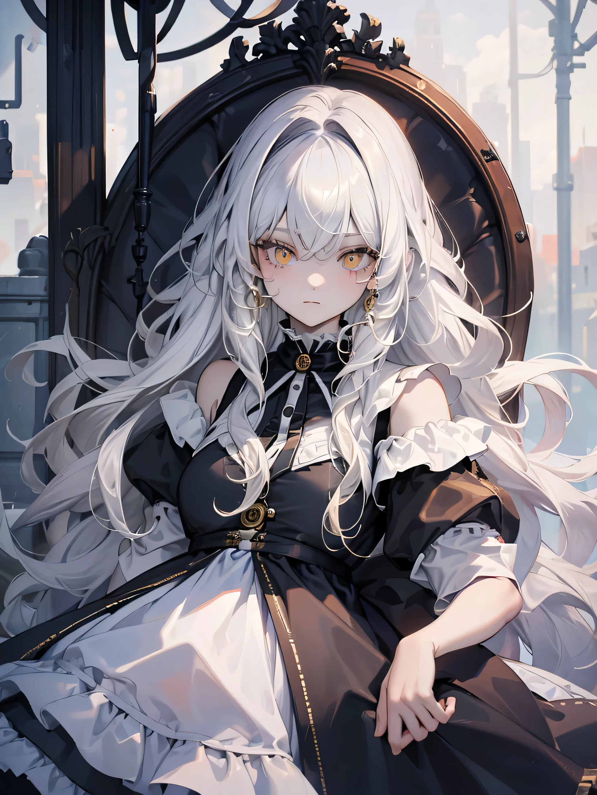 ((Masterpiece)), best quality, absurderes, ultra detailed, girl, yellow eyes. white hair (Long hair, (CURLY HAIR)) . 