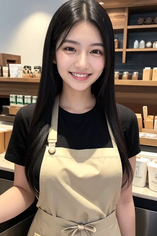 Black Hair sleek long hair 22 years old double double teeth coy smile refreshing Natural Makeup Ultra-realistic Starbucks ribbed knit and apron skinny pants Mole Starbucks Employee she'Brewing coffee stylish Height 160cm three size: 82.57.79