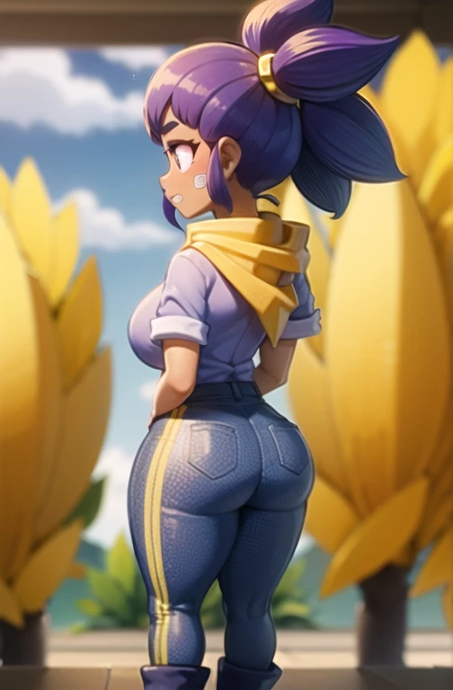 shellyBS, 1girl, dark skin, dark-skinned female, purple hair, ponytail, yellow hairclip, bandaid on face, yellow scarf, purple shirt, short sleeves, blue pants, blue boots, gigantic breasts, arms behind back