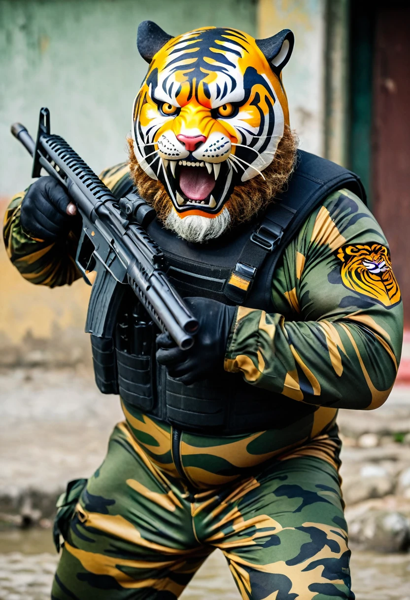 (a dark-skinned bearded fat old man in a bulky camouflage zipper diver suit) holding a gun and (wearing roaring tiger mask that show the wearer eyes), muscular, Basuki Abdullah, sumatraism, action, a character portrait, heroic, fierce, snarling