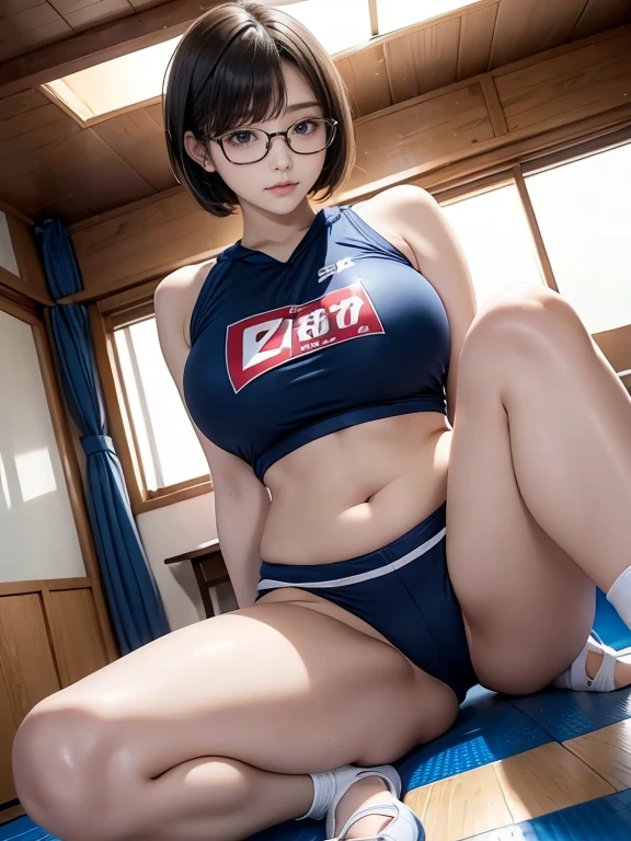 Japanese Idols　Mature Woman　(short hair)　(Asymmetrical Bob Hair)　(Shoulder-length bob hair)　plump　　attractive appearance　Short brown hair with bangs　bangs cover one eye　Thin rectangular frame glasses　length, Narrow eyes　Expressions of joy　　Big Breasts　Volleyball Club Manager　Wear a jersey　Shorts　In the gym　masterpiece　humidity　　Drawing from below　Portraiture　　Low - Angle　Beautiful feet　Split Squat　　Spread your legs