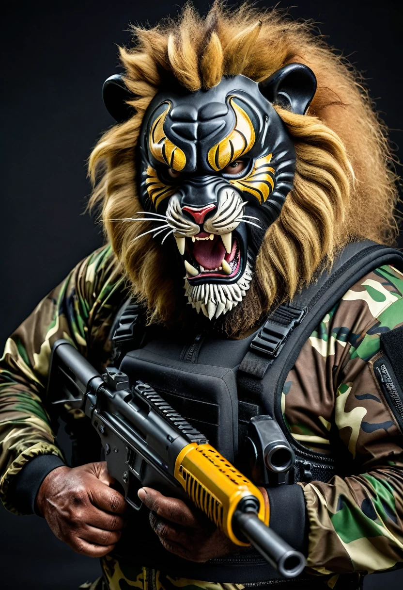 (a dark-skinned bearded fat old man in a bulky camouflage zipper diver suit) holding a gun and (wearing roaring lion mask that show the wearer eyes), muscular, Basuki Abdullah, sumatraism, action, a character portrait, heroic, fierce, snarling