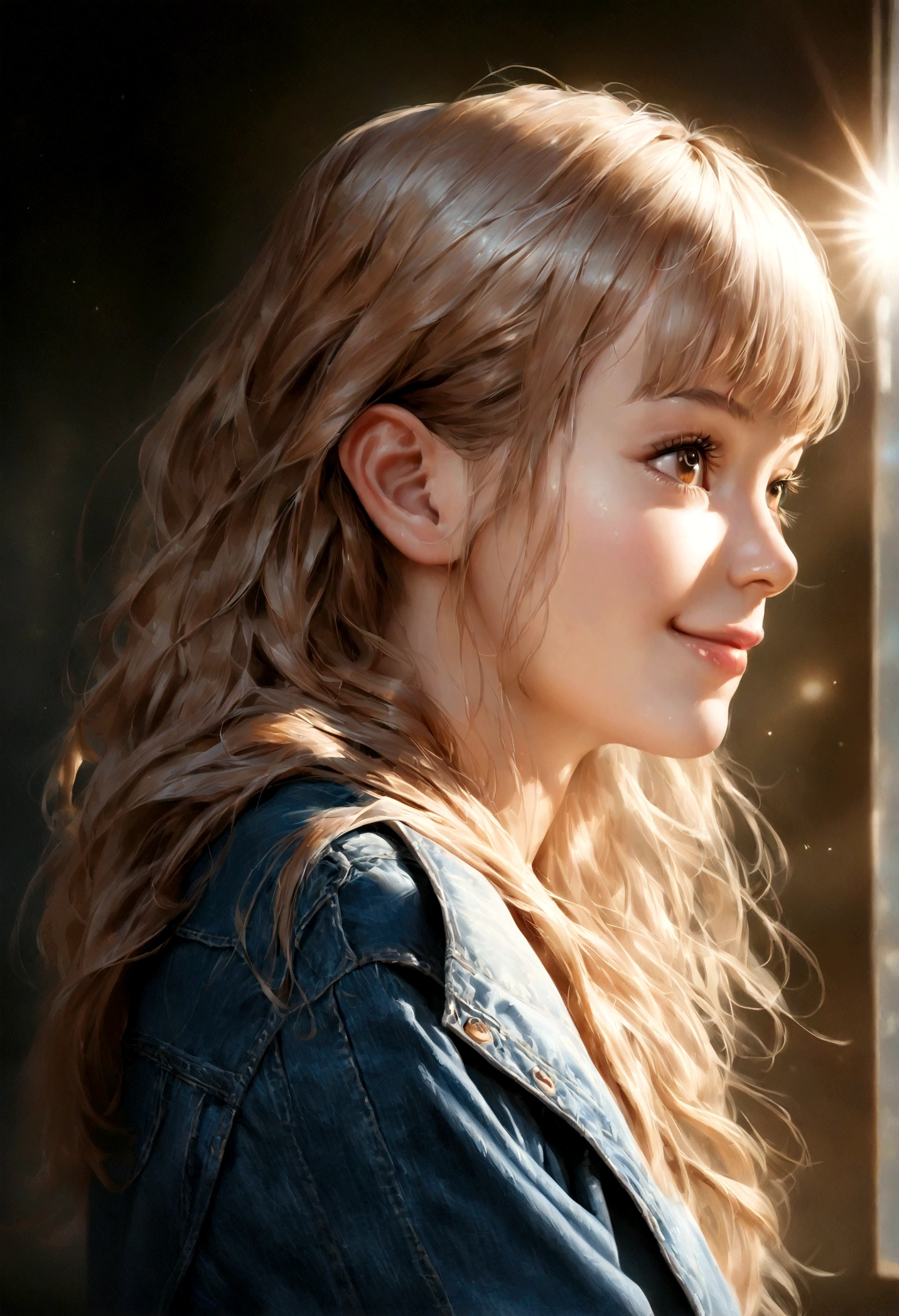 (highest quality, High resolution, Photorealistic:1.2), Super detailed, Portraiture, Looking to the sky, Denim pants, Athletic Sneakers, Adorable, Genki girl, smile, Long Hair, Chi Bangs, Light of the sun, Ultra-fine rendering,cute,girl