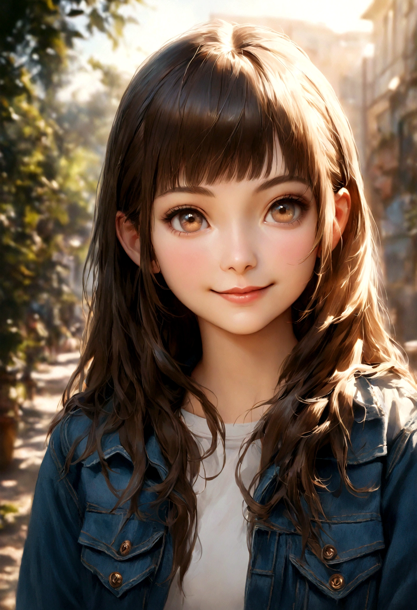 (highest quality, High resolution, Photorealistic:1.2), Super detailed, Portraiture, Looking to the sky, Denim pants, Athletic Sneakers, Adorable, Genki girl, smile, Long Hair, Chi Bangs, Light of the sun, Ultra-fine rendering,cute,girl
