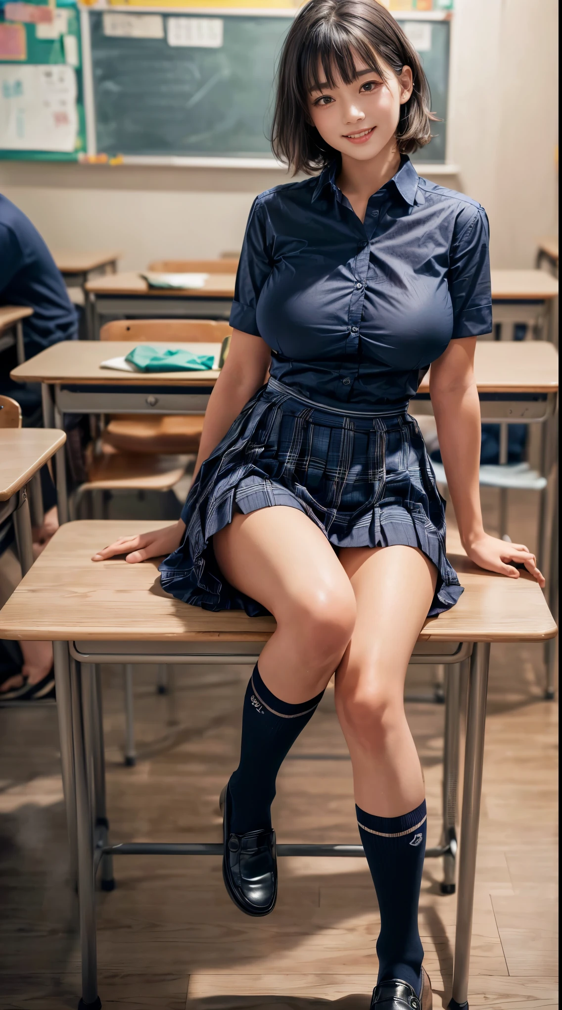 Browsing Caution:0.3、Female student in classroom、short hair、(smile)、(Mature Woman)、(18-year-old)、((Big Breasts))、((A tight-fitting navy blue shirt))、Checkered pleated skirt、Navy blue socks、loafers、Knee-length skirt、(ribbon)、With bangs、((Black Hair))、highest quality、超A high resolution、(Realistic:1.85)、Beautiful Japanese Eyes、Super Beauty、Perfect Style、Perfect balance、Detailed skin、((Delicate photo)),(Detailed RAW photos of girls), (Tabletop:1.25), (highest quality:1.6), (超A high resolution:1.5), (Realisticです:1.75), 8K resolution, Canon EOS R5, 50mm, Absurd, Very detailed,Cinema Lighting、