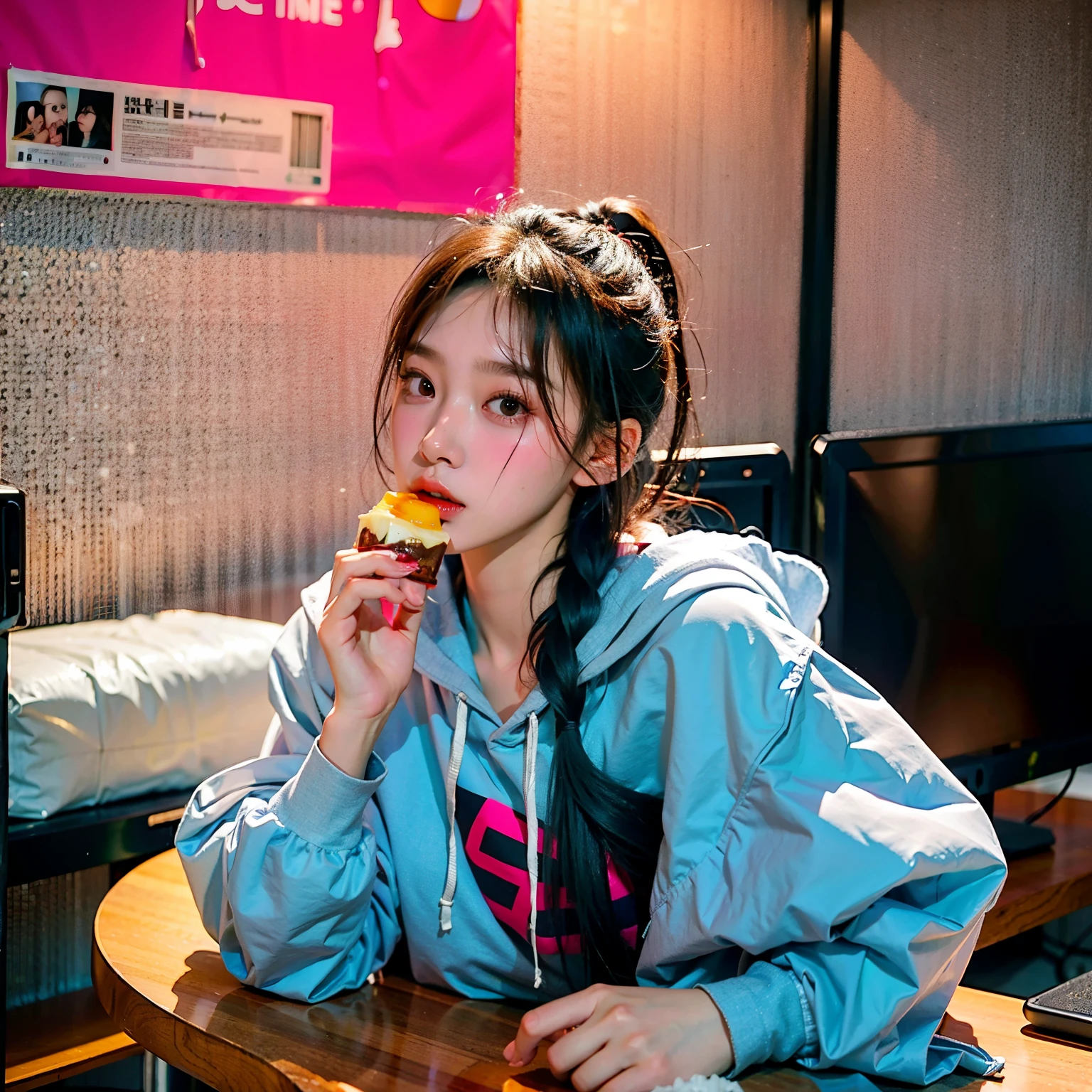 Arapé girl wearing a gray hoodie and eating food, jenny, korean, 김jenny, black pink, girl with long hair wearing sportswear, Korean idol, making snacks, jenny black pink