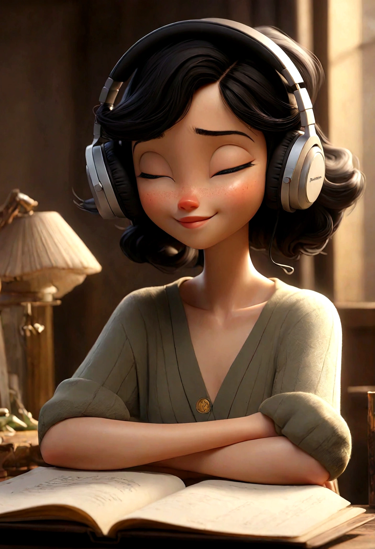 highest quality、masterpiece、night、Headphones、Listening to music、Eyes closed、smile、relax、Black Hair、Shortcuts、Cute、One Woman、Inside the room、Sitting