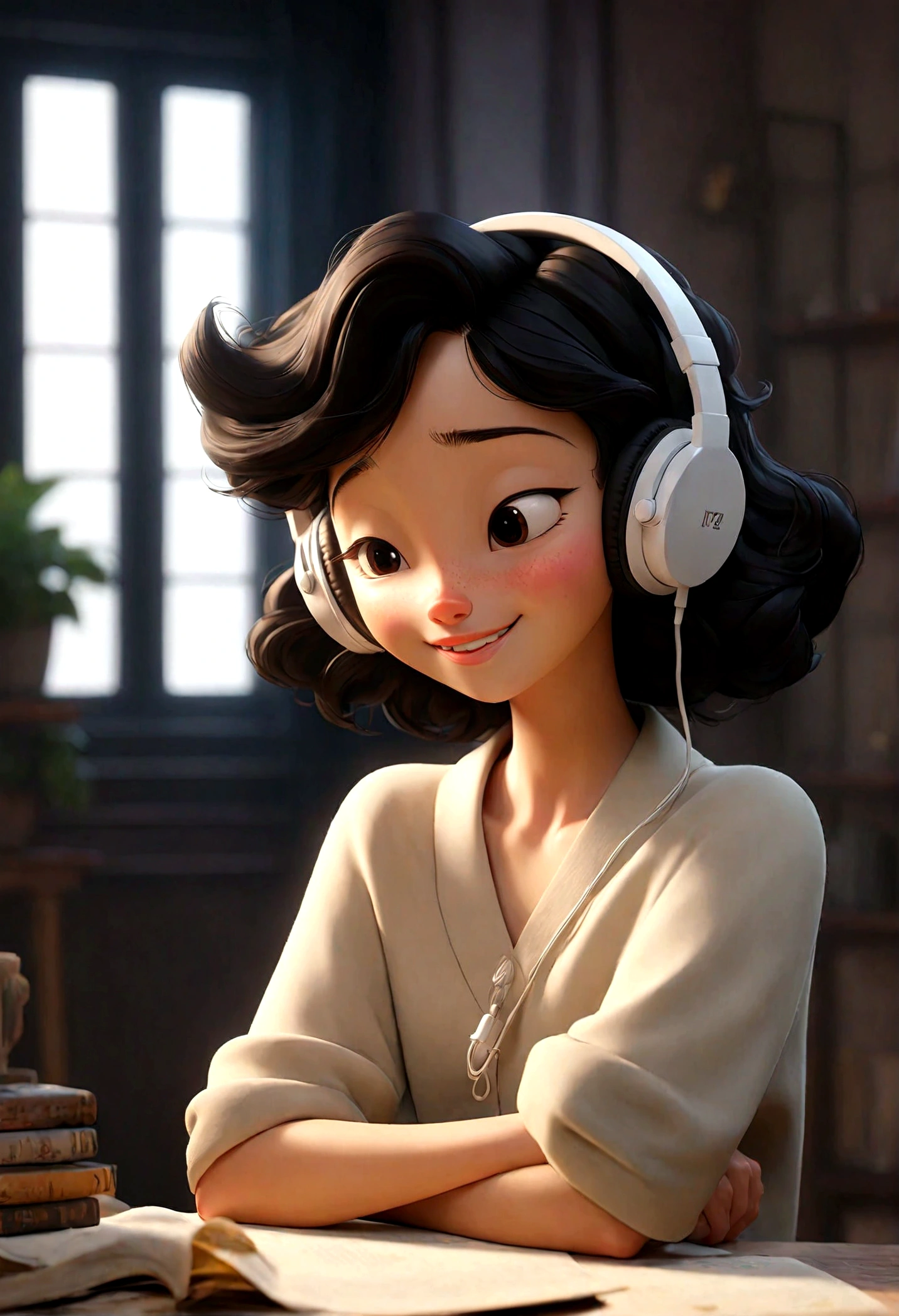 highest quality、masterpiece、night、Headphones、Listening to music、Eyes closed、smile、relax、Black Hair、Shortcuts、Cute、One Woman、Inside the room、Sitting