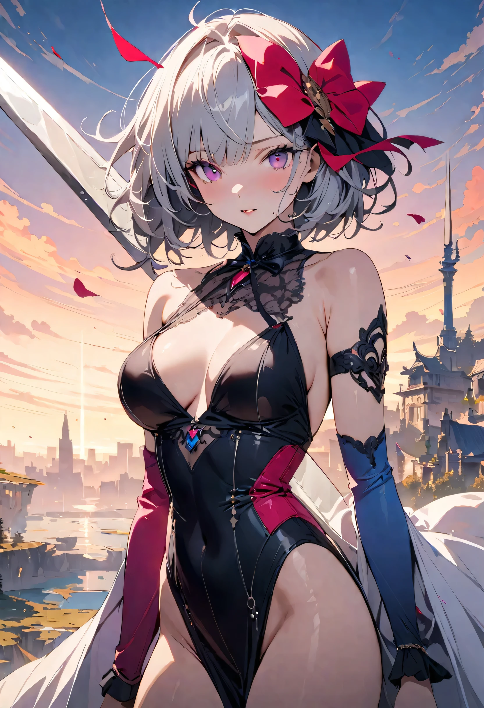 masterpiece, highest quality, Illustrations for novels, High resolution, 18+ Adult content, Sensual, Intimate, Emotional, Passionate, romantic, sweet, Adorable, Innocent, Pure, Fascinating, Fascinating, attractive, Mysterious, Fascinating, Fascinating, Immersive, Fascinating, dream-like, Surreal, Imaginative, Whimsical, artistic, Avant-garde, timeless, elegant, Sophisticated, chic, Sophisticated, Individuality, original, Fascinating,(Female Warrior:1.3),Swordsman、Holy sword、Large sword
