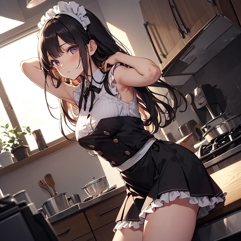 A maids, (in kitchen), various hair styles, night, details face, short skirt, seducing, sleeveless, maid uniform, armpits