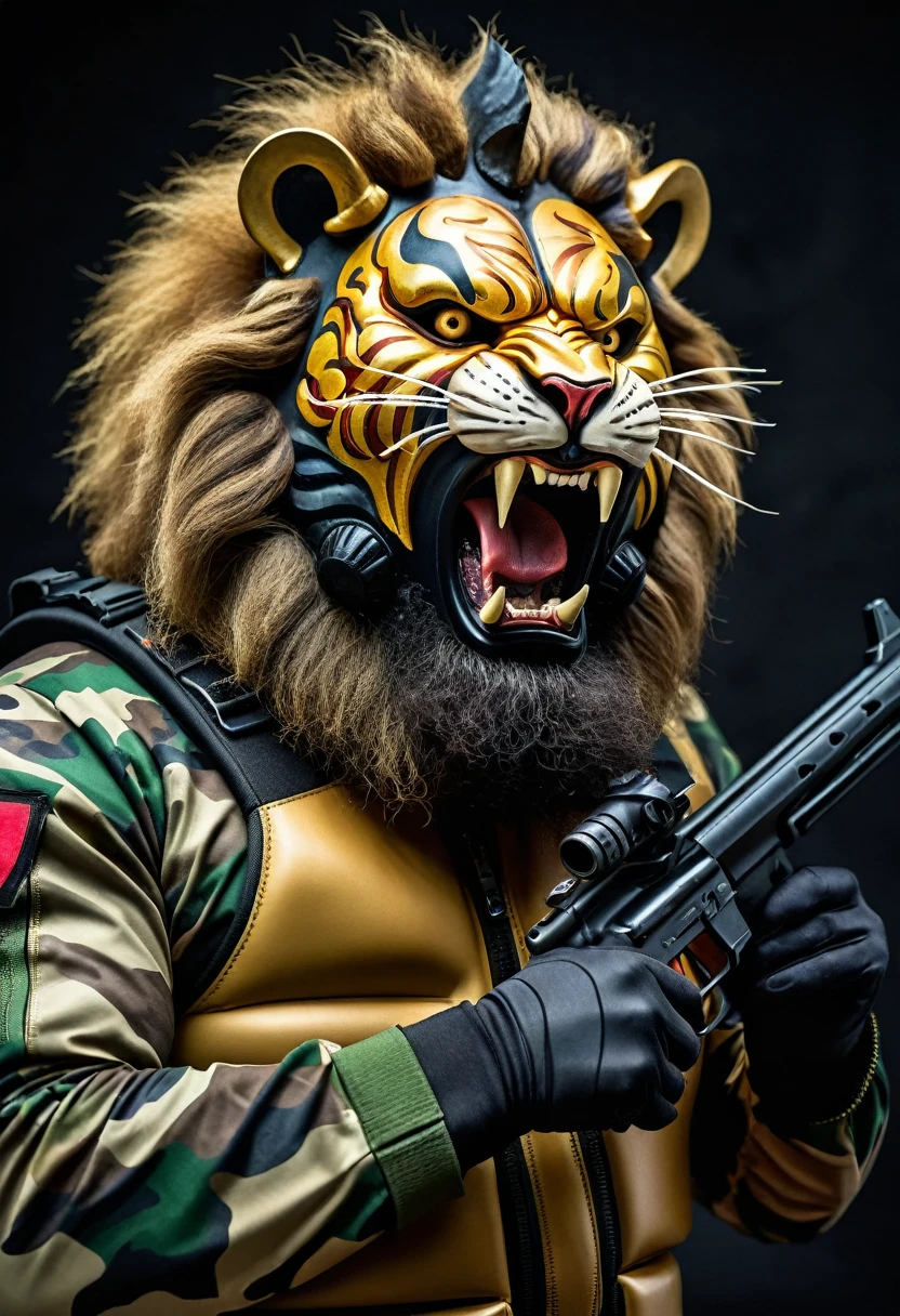 (a dark-skinned bearded fat old man in a bulky camouflage zipper diver suit) holding a gun and (wearing roaring lion mask that show the wearer eyes), muscular, Basuki Abdullah, sumatraism, action, a character portrait, heroic, fierce, snarling