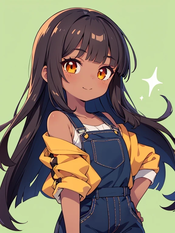 ultra-detailed:1.3,1girl,chibi,cowboy shot,green background,(straight hair),(long hair),(black hair),((blunt bangs)),(orange eyes),red eyeshadow,((dark brown skin)),standing,light smile,shiny hair,beautiful eyes,jagged teeth:1.2,overalls,exposed shoulders,((closed mouth))