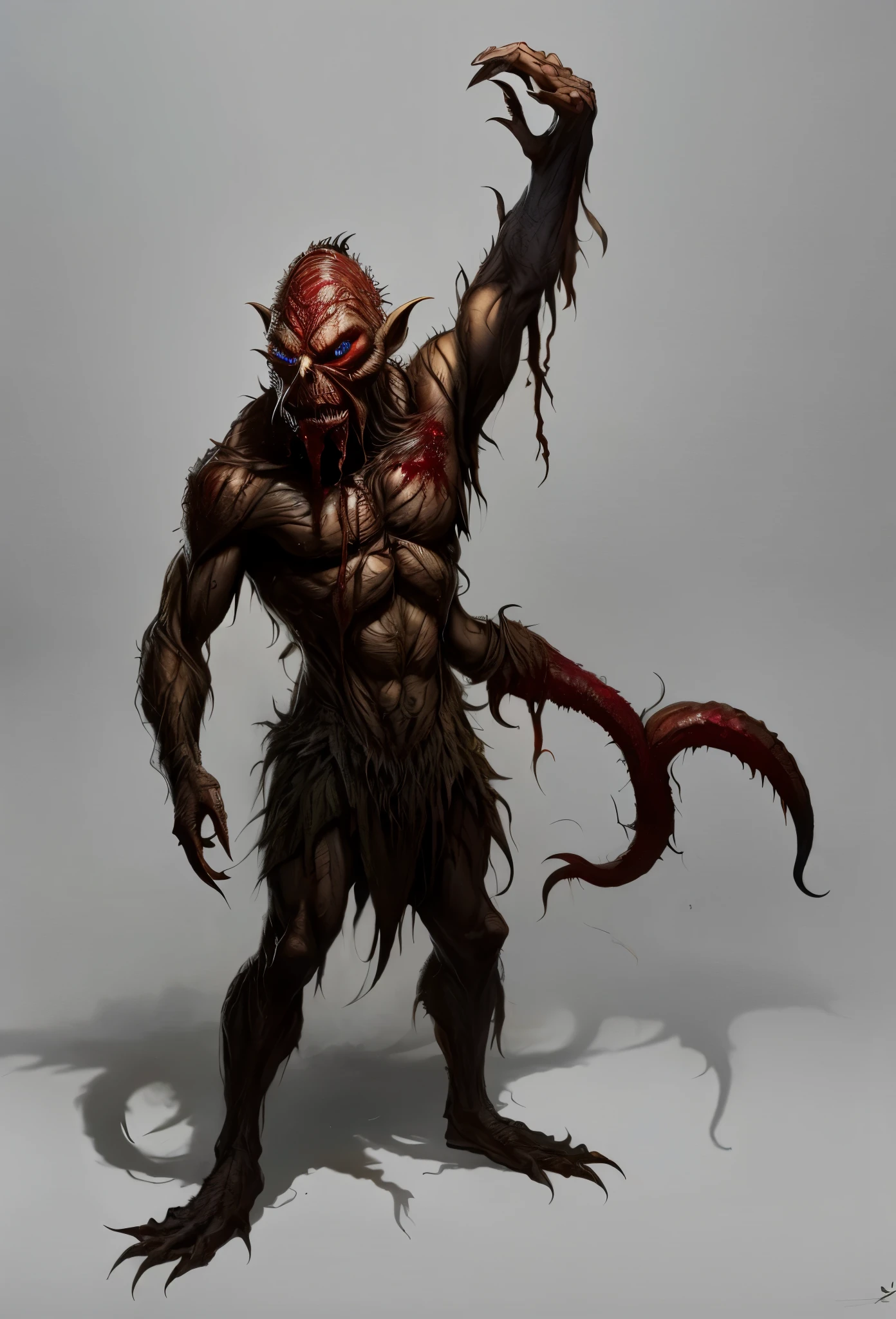 whole body、Please raise your arms high、Sharp Claws、expensive、expensive、obesity、always Bloody、Bloody、Bloody、Best image quality、masterpiece、8k、odd number、strongest、Brutal、monster、killer ghost、Wrestler、Large build、Face of fear、suction cup、8k,1 red skinned goblin,Highly detailed fantasy characters、Humanoid organisms、creature concept art、concept creature character art、超リアルなファンタジーmonster,Surreal,Real Skin,Realistic texture,