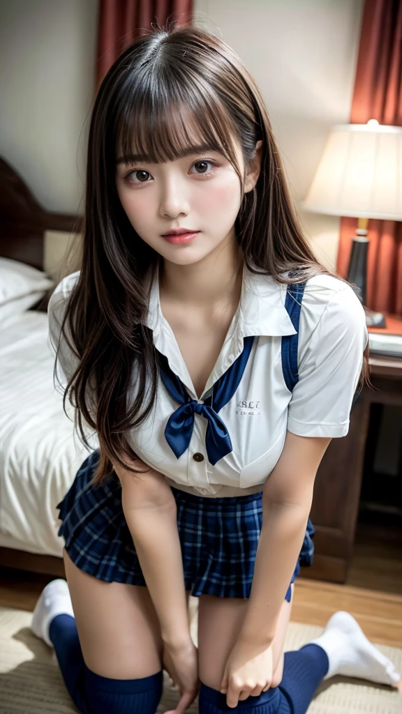 ulzzang-6500-v1.1, (Raw photo:1.2), (photorealistic), (genuine:1.4), (muste piece),  (full body shot), Front view, symmetry, mature japanese , alone, (alone: 1.3), thin legs, whole body from head to toe, From above, (very affectionate smile:1.2)、sitting, M-shaped spread legs, look at the viewer: 1.3), small breasts, (Super realistic black pantyhose: 1.2), white panties are visible, very beautiful  girl, I don&#39;t have shoes, (blush: 1.3), shy big eyes, (short (brown hair part), (bangs), messy hair, (hairpin), Lying on white sheets, I&#39;m watching you: 1.3), looking at camera, look white, white underwear, high school uniform blazer, high  white shirt, high blue ribbon, High school student&#39;s plaid and navy pleated skirt, mikoto rose, long brown hair, brown eyes