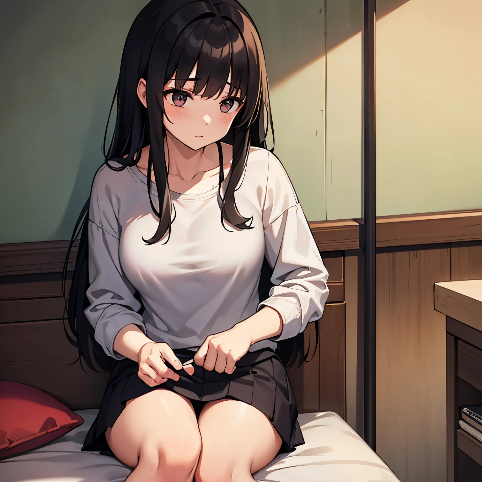 A young woman with dark hair who dropped out of , has been a recluse for many years, is unemployed, and is bedridden with depression.