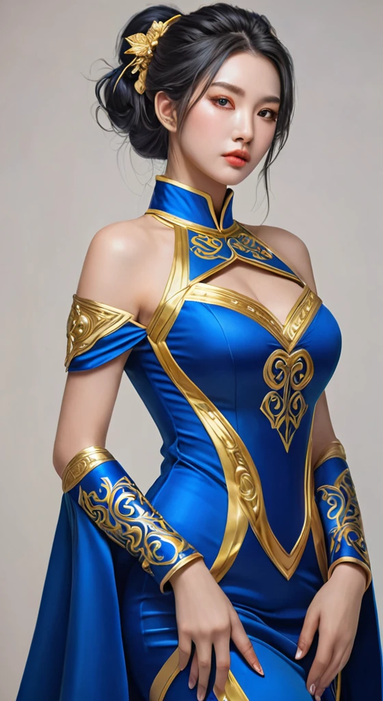a woman in a blue and gold dress posing for a picture, digital art by Yang J, trending on cg society, fantasy art, ig model | artgerm, extremely detailed artgerm, style artgerm, trending artgerm, style of artgerm, portrait knights of zodiac girl, beautiful character painting, by ruan jia and stanley artgerm