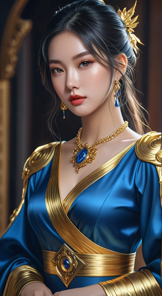 a woman in a blue and gold dress posing for a picture, digital art by Yang J, trending on cg society, fantasy art, ig model | artgerm, extremely detailed artgerm, style artgerm, trending artgerm, style of artgerm, portrait knights of zodiac girl, beautiful character painting, by ruan jia and stanley artgerm