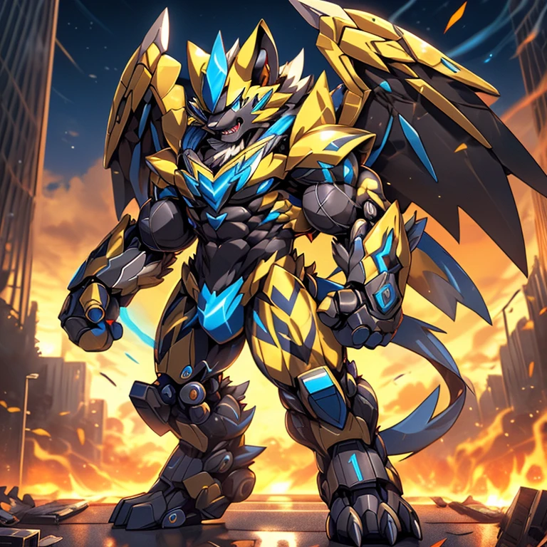 (ZERAORA, 8K), giant mechanical zeraora rampage through a city, crushing buildings and vehicles beneath their unstoppable metal frames.
Additional details: (masterpiece, official art, 8k, best quality) terrifying and imposing design, (smoke and flames rising from the destruction in the background, a lone figure) (high-tech bio-mecha armor, real texture material), (gigantic muscles, Gigachad Muscular, big muscle, pecs, triceps, traps, unusually developed muscular body, body full of huge muscles. showing off muscles, pectorales enormes, Exaggeratedly huge muscles.),(Spread wings, It has wings, have big wings, golden wings), (whole body shines like metal, Wearing cyberpunk mecha, emphasizes the muscles, suit fully made of metal, intricate armor, Robotic suit, suit fully made of metal, cyborg), (giant zeraora, Zeraora's giant robot, Powered exoskeleton with the same design as Zeraora), (Masterpiece, highres) (Detailed head, Detailed Body, Detailed abs, full body), met(black color hyper penis, hyper black penis), (scary expression)