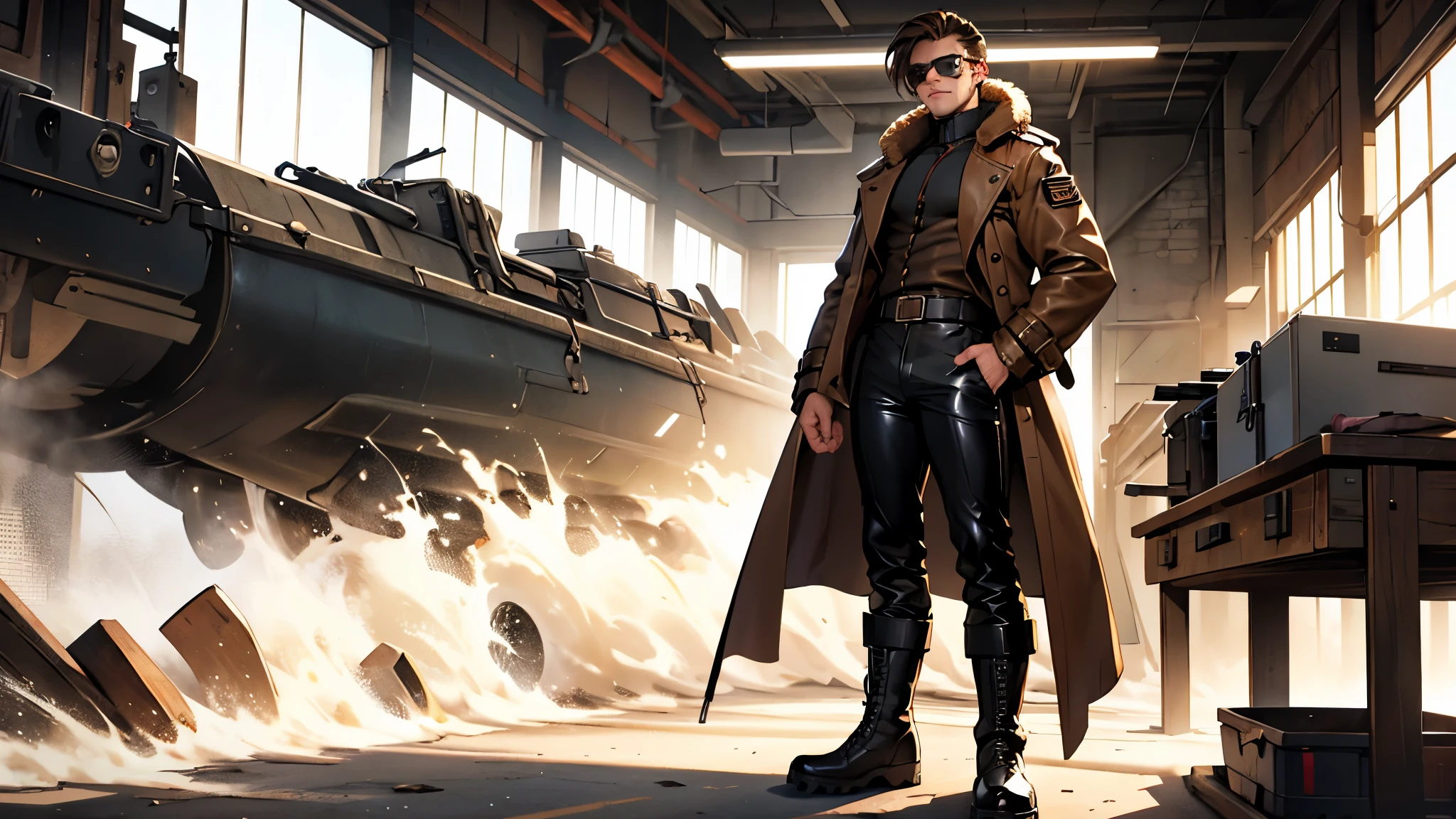 4k ultra HD full length image, (solo), head to toe, a man with a strong jaw line, brown eyes, brown hair that turns white at the ends high and tight long fade hairstyle, wearing a partially closed leather trench coat with fur around the collar, leather goggles with red lens over his eyes, black pants, military boots, standing at a workbench
