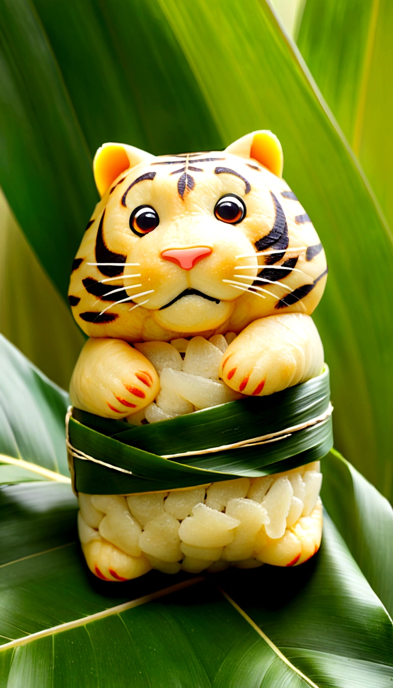 A tiger-shaped rice dumpling, zoingzi, Glutinous rice texture, Light yellow, (((the lower half of the body is wrapped in tapered leaves))), made of glutinous rice, has a cute expression, the head sticking out of the leaves, equidistant, cartoon-style, Macro Lens, studio light, bold color scheme