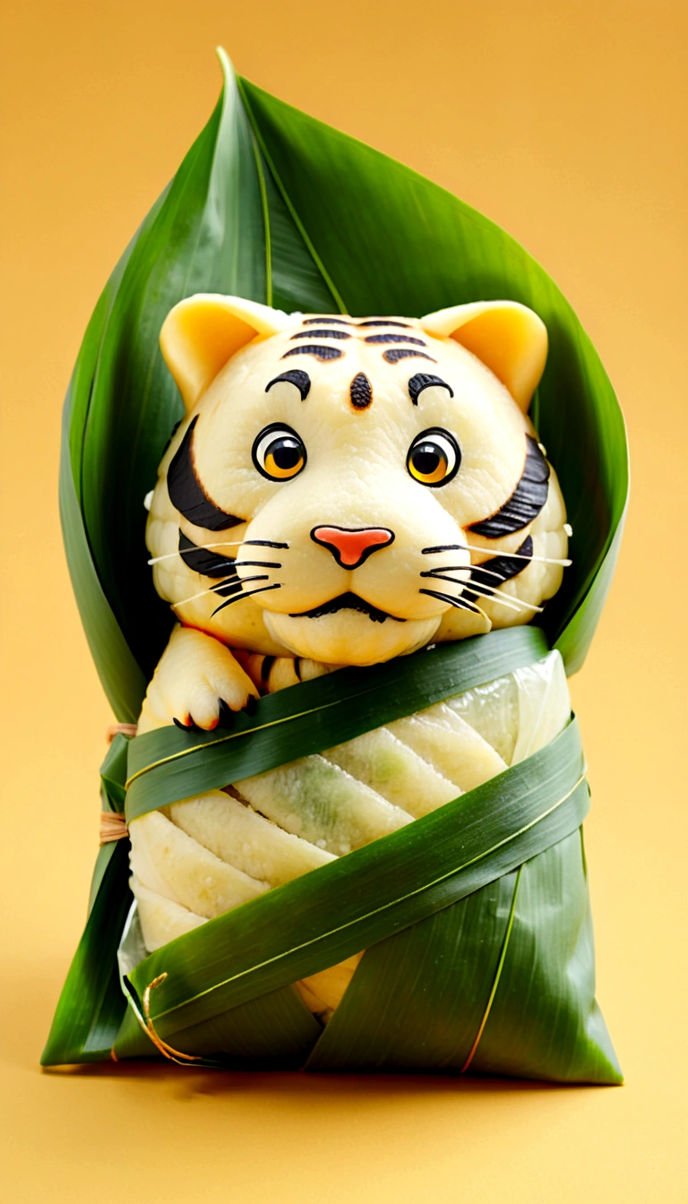 A tiger-shaped rice dumpling, zoingzi, Glutinous rice texture, Light yellow, (((the lower half of the body is wrapped in tapered leaves))), made of glutinous rice, has a cute expression, the head sticking out of the leaves, equidistant, cartoon-style, Macro Lens, studio light, bold color scheme