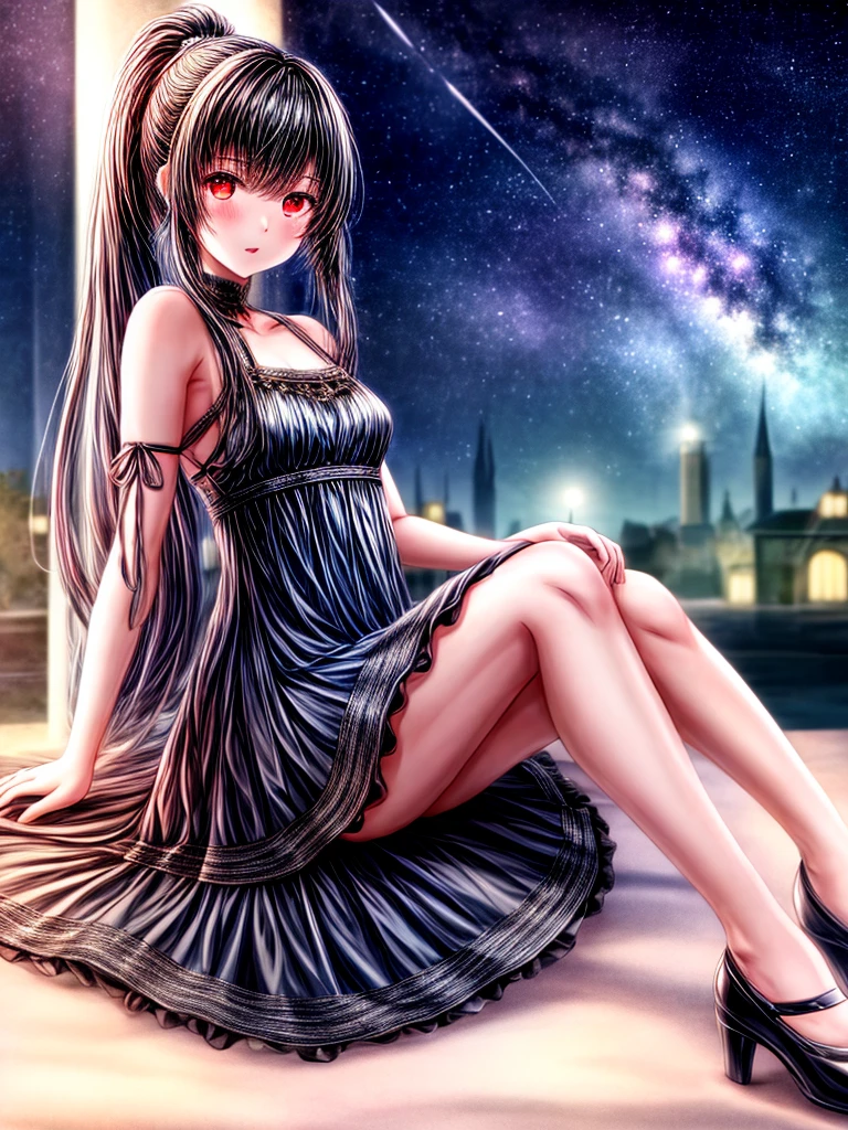 vtuber-fullbody、Standing in front of the viewer、Tifa Lockhart, mksks style, (Highly detailed background:1.0), (Highly detailed background:1.0), Final Fantasy VII Remake, (Red eyes), One girl, Exposing shoulders, Princess Dress, Black Hair, Green Dress, No sleeve dress , Sundress, Home, Long Hair, night, night null, Open your mouth, Outdoor, ponytail, Sitting, null, No sleeve, No sleeve dress, star (null), starry null, town, Dilapidated, Small breasts, ((White frills)), (White Dress),