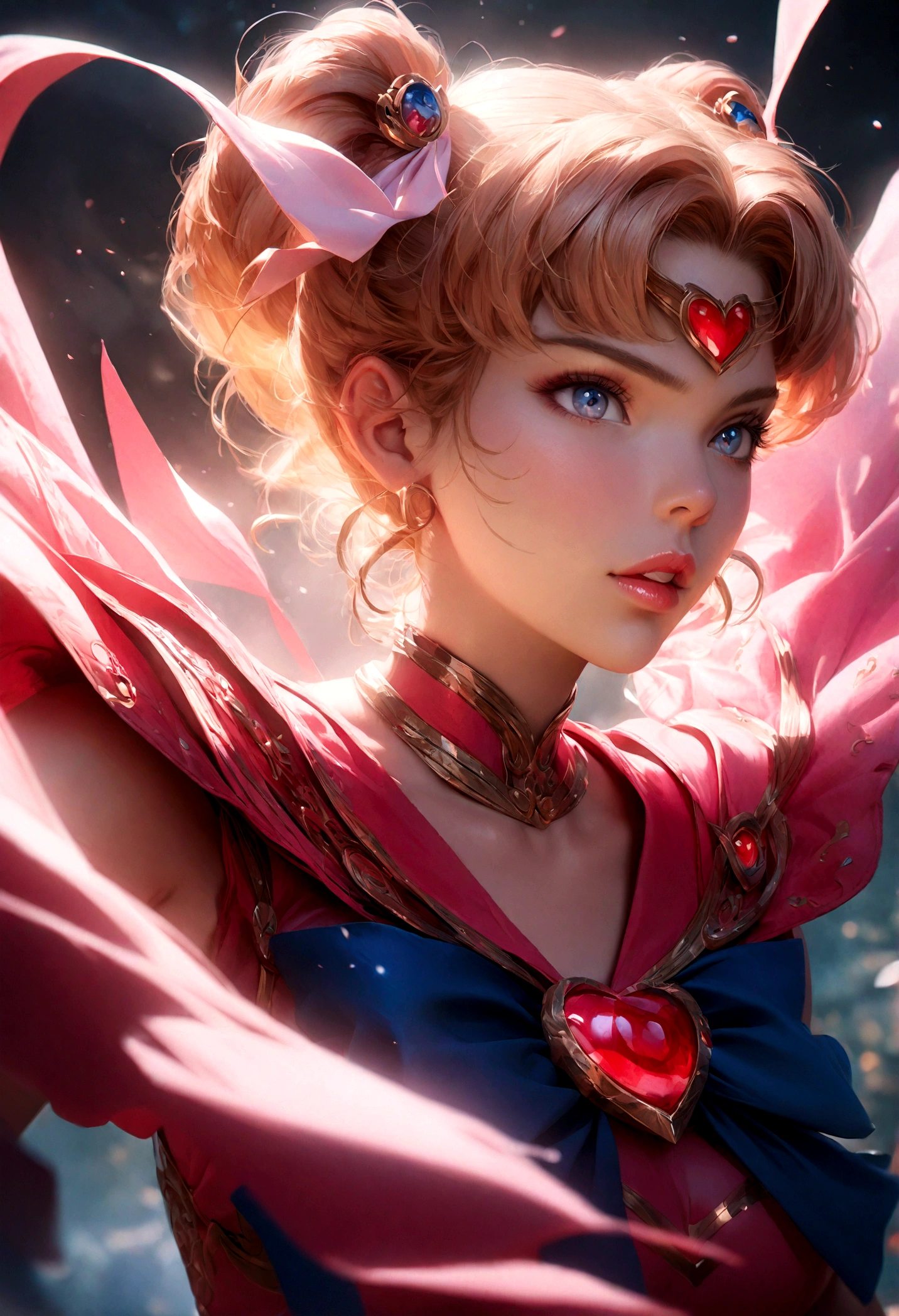 1girl, sailor moon, bishoujo senshi sailor moon, elegant detailed eyes, detailed facial features, long eyelashes, beautiful detailed lips, elegant detailed pose, highly detailed, masterpiece, 4k, hyper realistic, photorealistic, cinematic lighting, dynamic composition, intricate details, vibrant colors, soft dreamy atmosphere, magical girl fantasy, full body shot