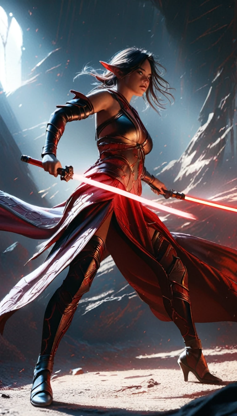 (full body shot:1.4), female warrior, sith lord, star ears, red lightsaber, intricate details, dramatic lighting, dark fantasy, chiaroscuro, cinematic composition, dramatic pose, dynamic action, moody atmosphere, deep shadows, vibrant colors, photorealistic, 8k, masterpiece