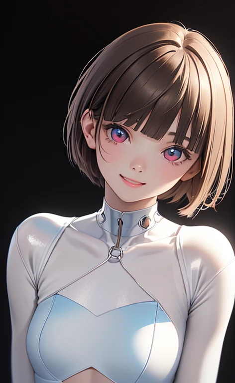 (Photorealistic:1.4)、(,20-year-old:1.5),(masterpiece、Blue Light、lens flare:1.5、spot light:1.2、Exquisite beautiful eye:1.5,portlate),(kind eyes、tareme:1.9),(Blue Light:1.5)
、Cute Face、 3D Face、(light brown hair:1.5)、(pixie cut),(sidelock :1.5),(blunt bangs:1.3),(1 woman)、(Red eyes:1.2)、(upper body:1.5)、(clear face:1.5)、(head tilt) ,(Cute face:1.2),(flat chest),(),kind face,(white Bodysuit with cut out),(black background:1.5)、()、()、 Neat and clean、Adorable、Demure,Slim Body(),Shiny Hair、()、Nijisketch,Manga,smiley face, grin