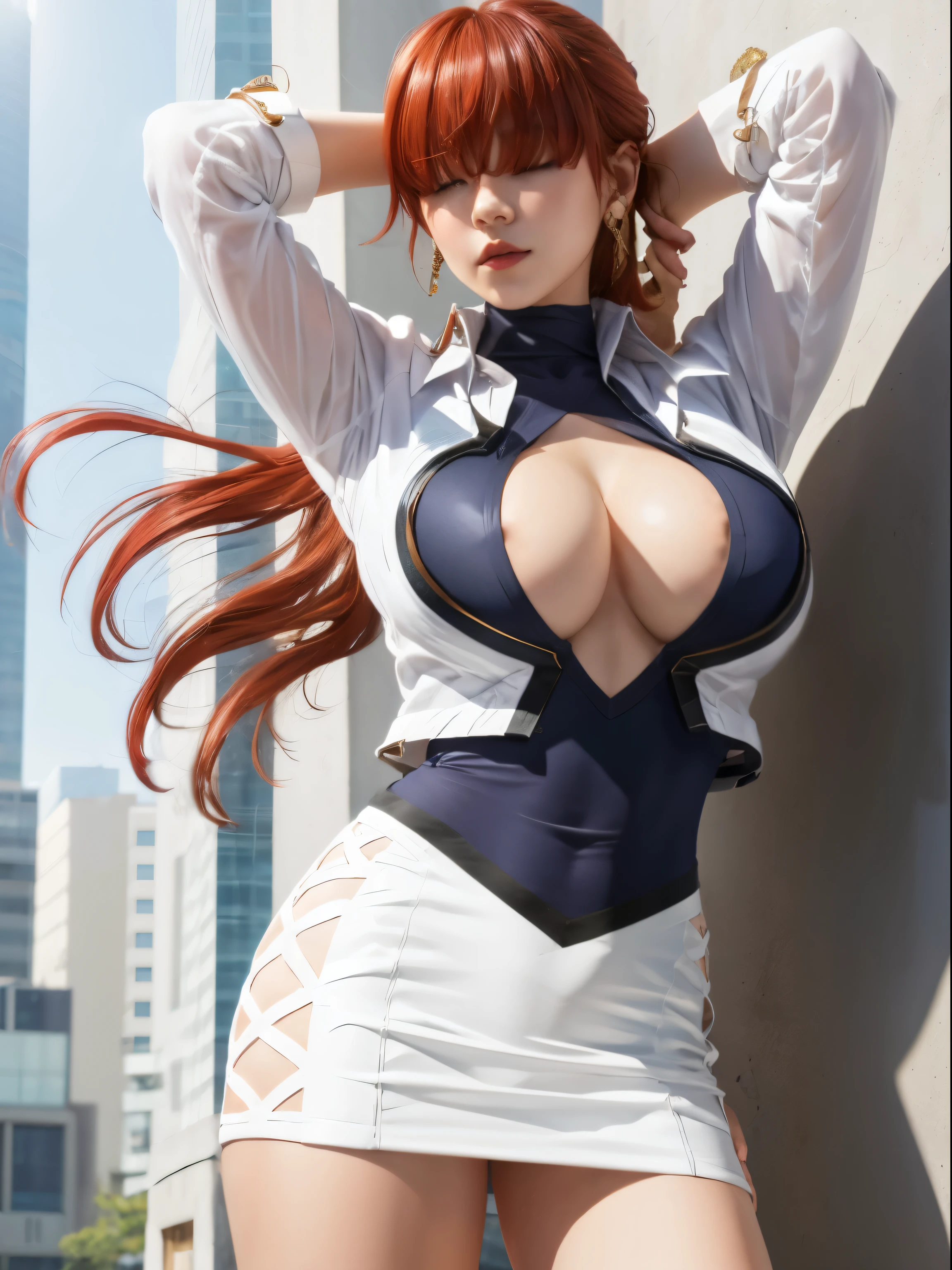 masterpiece, best quality, highres, she1, (hair over eyes:1.1), split ponytail, clothing cutout, earrings, full of sunlight, jewelry, miniskirt, white skirt, leotard, white jacket, long sleeves, Big , arms behind head, crossed legs, red hair, 