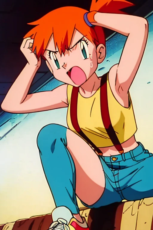 misty (pokemon), angry expression, angry face, sweating body, yellow shirt, sleeveless shirt, suspenders, denim shorts, sneakers, armpits, showing armpits, spreading semen on armpits, arms behind head, solo, masterpiece, 1girl