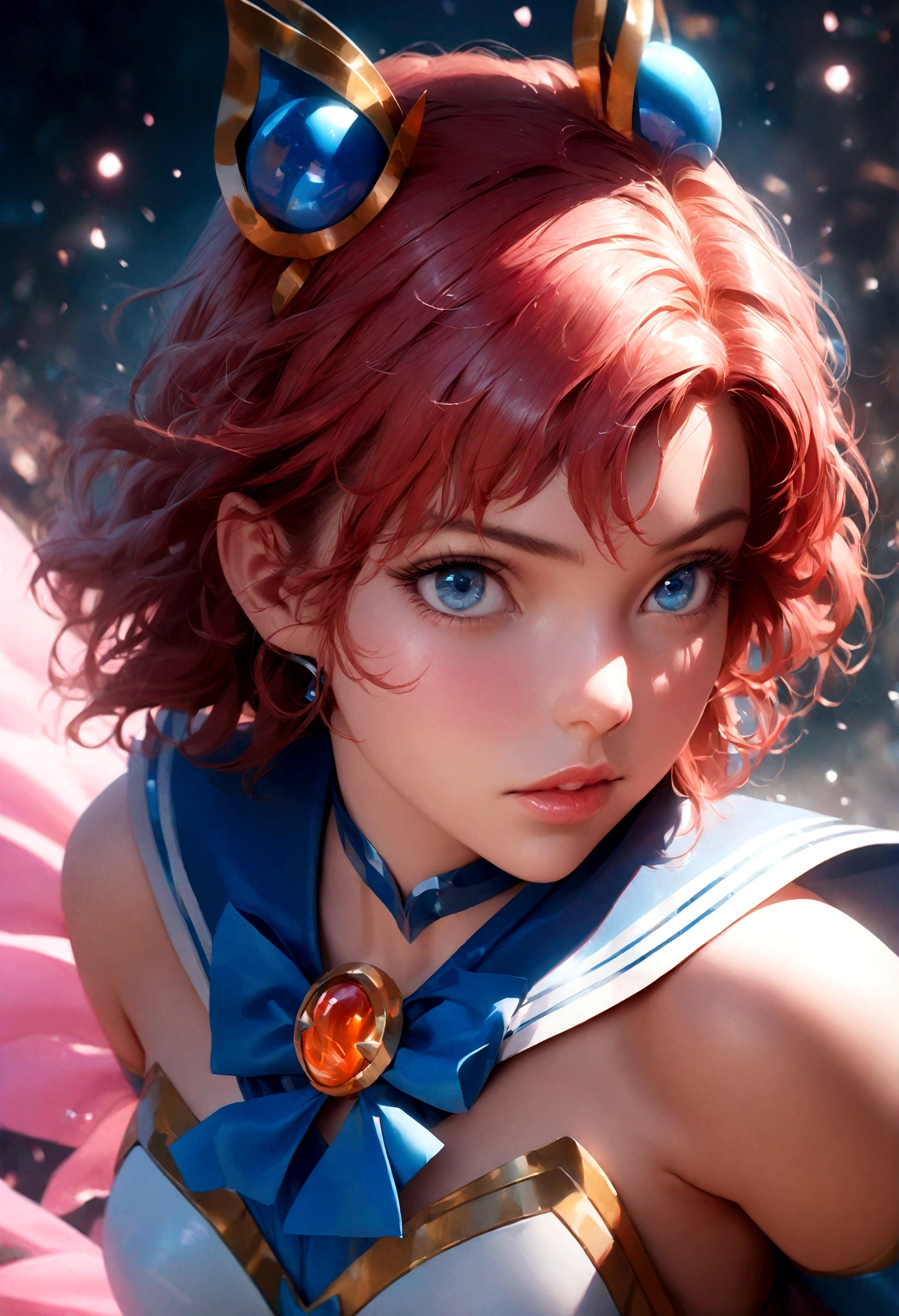 1girl, sailor mercury, bishoujo senshi sailor moon, elegant detailed eyes, detailed facial features, long eyelashes, beautiful detailed lips, elegant detailed pose, highly detailed, masterpiece, 4k, hyper realistic, photorealistic, cinematic lighting, dynamic composition, intricate details, vibrant colors, soft dreamy atmosphere, magical girl fantasy