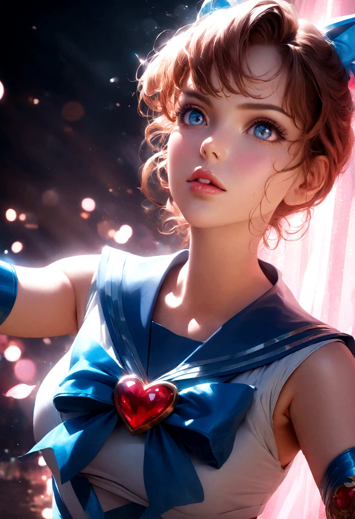 1girl, sailor mercury, bishoujo senshi sailor moon, elegant detailed eyes, detailed facial features, long eyelashes, beautiful detailed lips, elegant detailed pose, highly detailed, masterpiece, 4k, hyper realistic, photorealistic, cinematic lighting, dynamic composition, intricate details, vibrant colors, soft dreamy atmosphere, magical girl fantasy