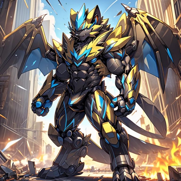 (ZERAORA, 8K), giant mechanical zeraora rampage through a city, crushing buildings and vehicles beneath their unstoppable metal frames.
Additional details: (masterpiece, official art, 8k, best quality) terrifying and imposing design, (smoke and flames rising from the destruction in the background, a lone figure) (high-tech bio-mecha armor, real texture material), (gigantic muscles, Gigachad Muscular, big muscle, pecs, triceps, traps, unusually developed muscular body, body full of huge muscles. showing off muscles, pectorales enormes, Exaggeratedly huge muscles.),(Spread wings, It has wings, have big wings, golden wings), (whole body shines like metal, Wearing cyberpunk mecha, emphasizes the muscles, suit fully made of metal, intricate armor, Robotic suit, suit fully made of metal, cyborg), (giant zeraora, Zeraora's giant robot, Powered exoskeleton with the same design as Zeraora), (Masterpiece, highres) (Detailed head, Detailed Body, Detailed abs, full body), met(black color hyper penis, hyper black penis), The city of being trampled upon.