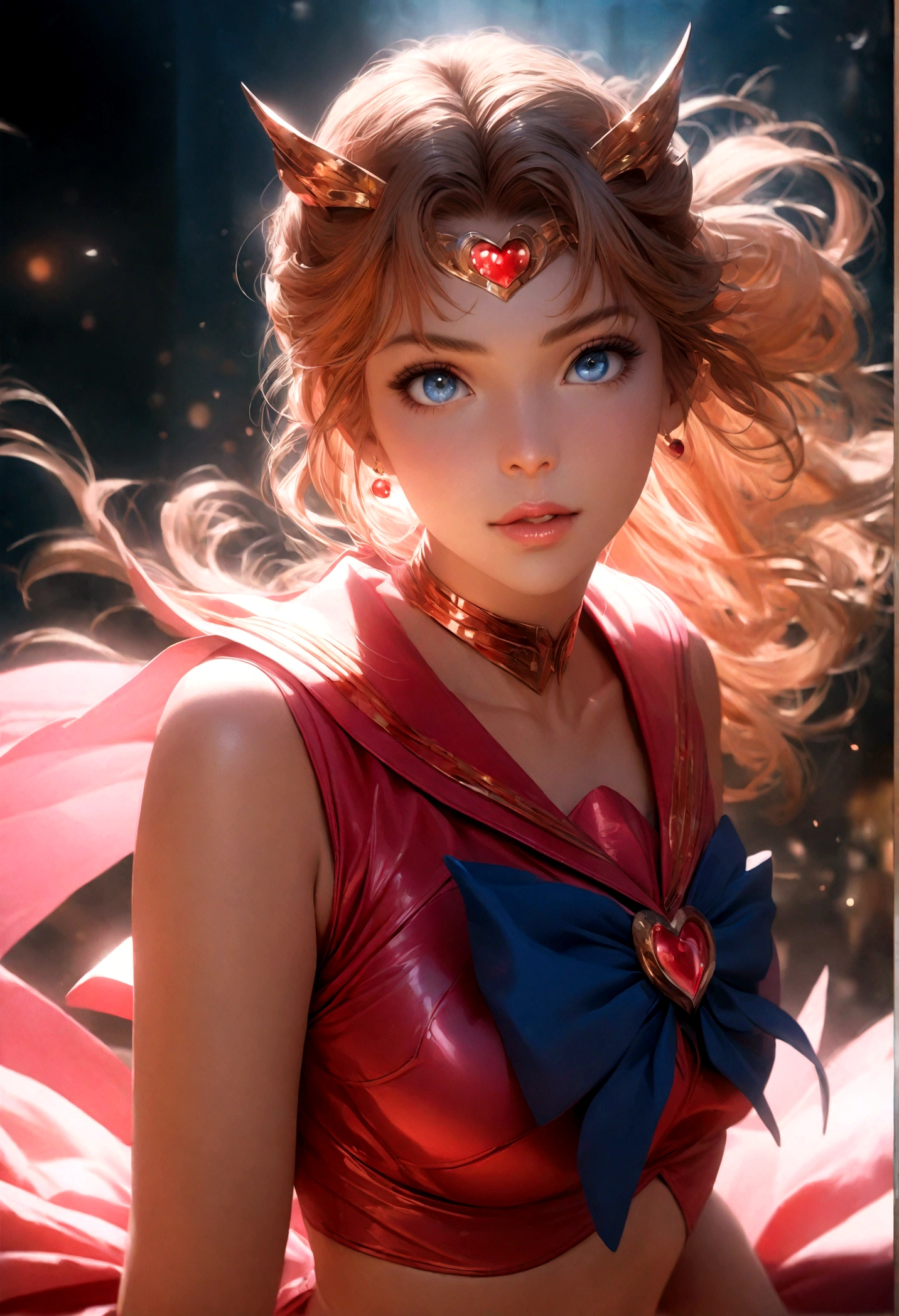 1girl, sailor venus, bishoujo senshi sailor moon, elegant detailed eyes, detailed facial features, long eyelashes, beautiful detailed lips, elegant detailed pose, highly detailed, masterpiece, 4k, hyper realistic, photorealistic, cinematic lighting, dynamic composition, intricate details, vibrant colors, soft dreamy atmosphere, magical girl fantasy
