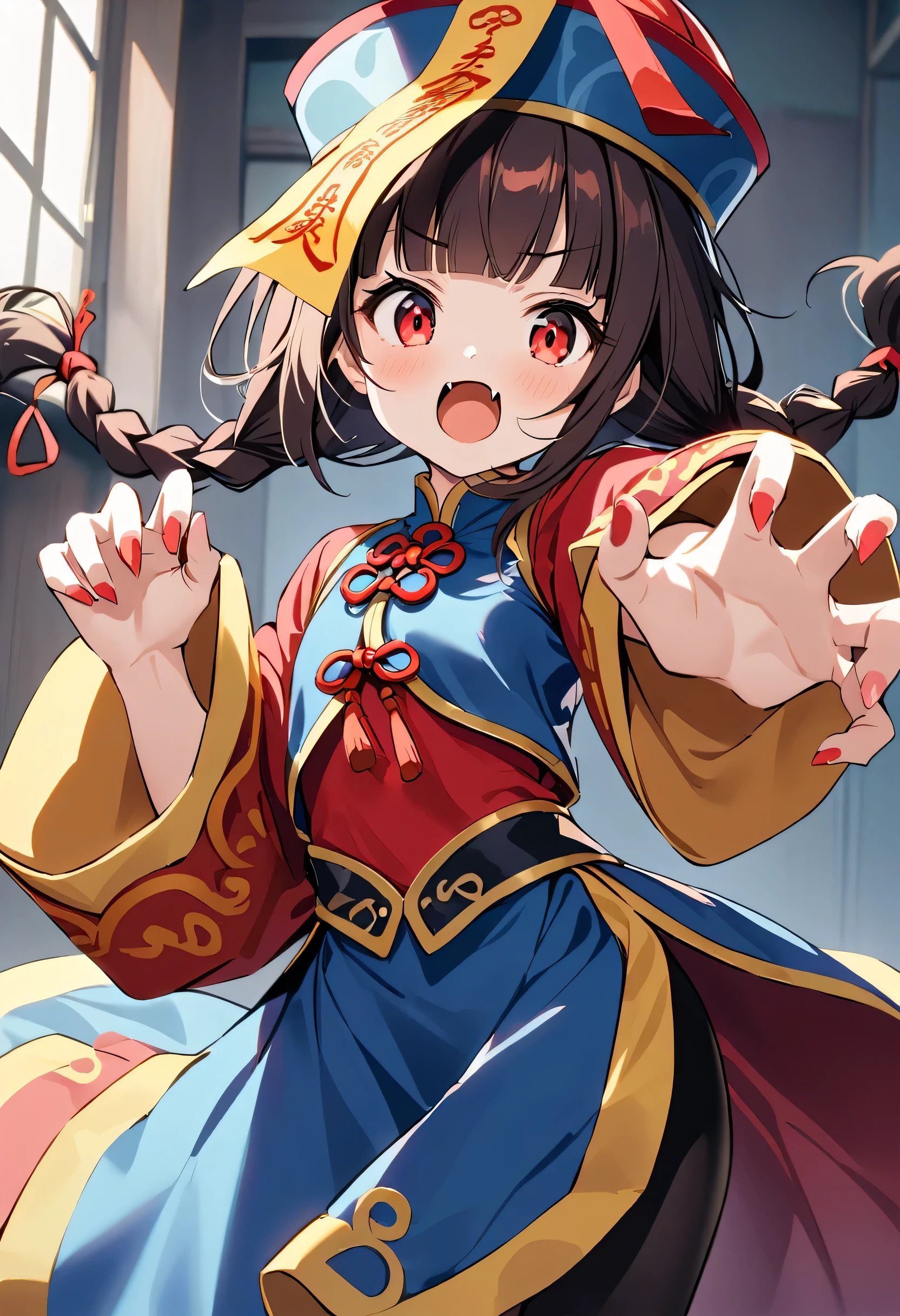 A cute young jiangshi girl, solo, with twin braids and blunt bangs framing her red eyes. She wears a qingdai guanmao adorned with an ofuda and traditional Chinese clothing. Her small fangs are bared as she strikes a claw pose. 