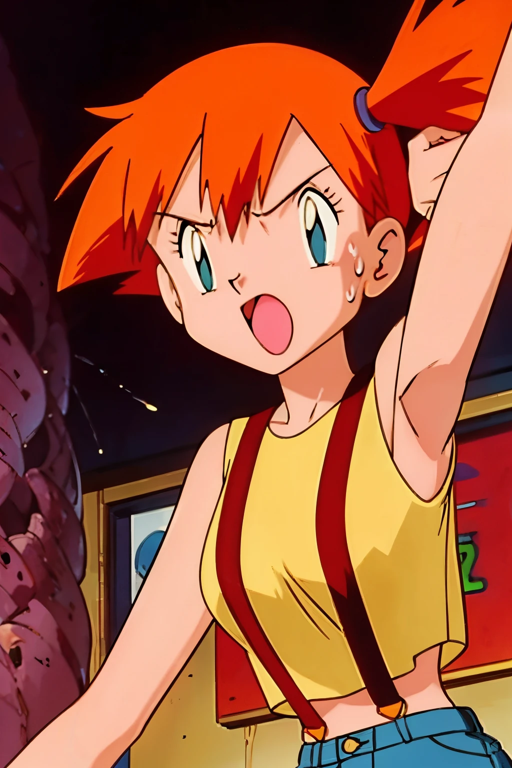 misty (pokemon), angry expression, angry face, sweating body, yellow shirt, sleeveless shirt, suspenders, denim shorts, sneakers, armpits, showing armpits, spreading semen on armpits, arms behind head, solo, masterpiece, 1girl