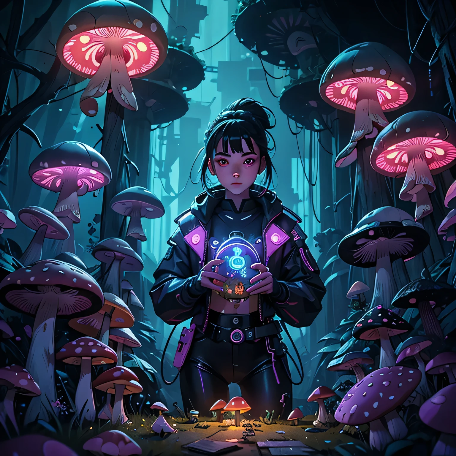 cyberpunk style painting depicting a beautiful girl picking mushrooms in a neon lit forest. She is wearing futuristic equipment with optical fibers,holding_basket,high-tech feel. In terms of details,cyberpunk style,fusion of technology,cyberpunk elements.,cowboy_shot,absurdres,incredibly absurdres,huge filesize,expressionless,ruins,(full of strange colorful mushrooms),
