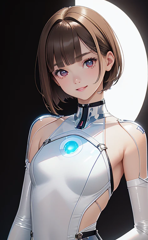 (Photorealistic:1.4)、(,20-year-old:1.5),(masterpiece、Blue Light Illumination、lens flare:1.5、spot light:1.2、Exquisite beautiful eye:1.5,portlate),(kind eyes、tareme:1.9),(Blue Light Illumination:1.5)
、Cute Face、 3D Face、(light brown hair:1.5)、(pixie cut),(sidelock :1.5),(blunt bangs:1.3),(1 woman)、(Red eyes:1.2)、(upper body:1.5)、(clear face:1.5)、(head tilt) ,(Cute face:1.2),(flat chest),(),kind face,(white Bodysuit with cut out),(black background:1.5)、()、()、 Neat and clean、Adorable、Demure,Slim Body(),Shiny Hair、()、Nijisketch,Manga,smiley face, grin