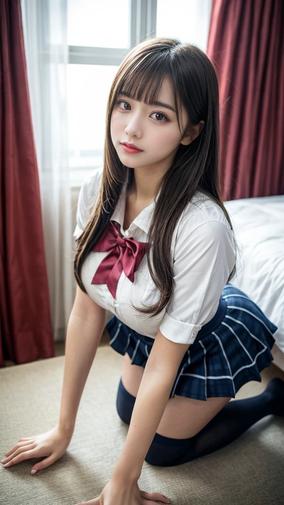 masterpiece, Best Quality, 8K, 20 yo, huge breasts, cuddly, Solo, sad, Cute, Girly, Delicate girl, Neat and clean beauty,  Raw photo, Professional Photography, Portrait, Soft light, Professional Lighting, Back lighting, Upper body, front view, (on all fours, hotel room), Sophisticated, Film grain, (Eyes and faces with detailed:1.0), short length floating hair, beautiful flowing hair, bangs, High school girl uniform、Super Short Check Uniform Skirt、Navy blue high socks, Colossal tits、Don't expose it, expresses the roundness and softness of your chest., Protruding big, Erotic shorts, Standing Elegantly、Voluptuous thighs