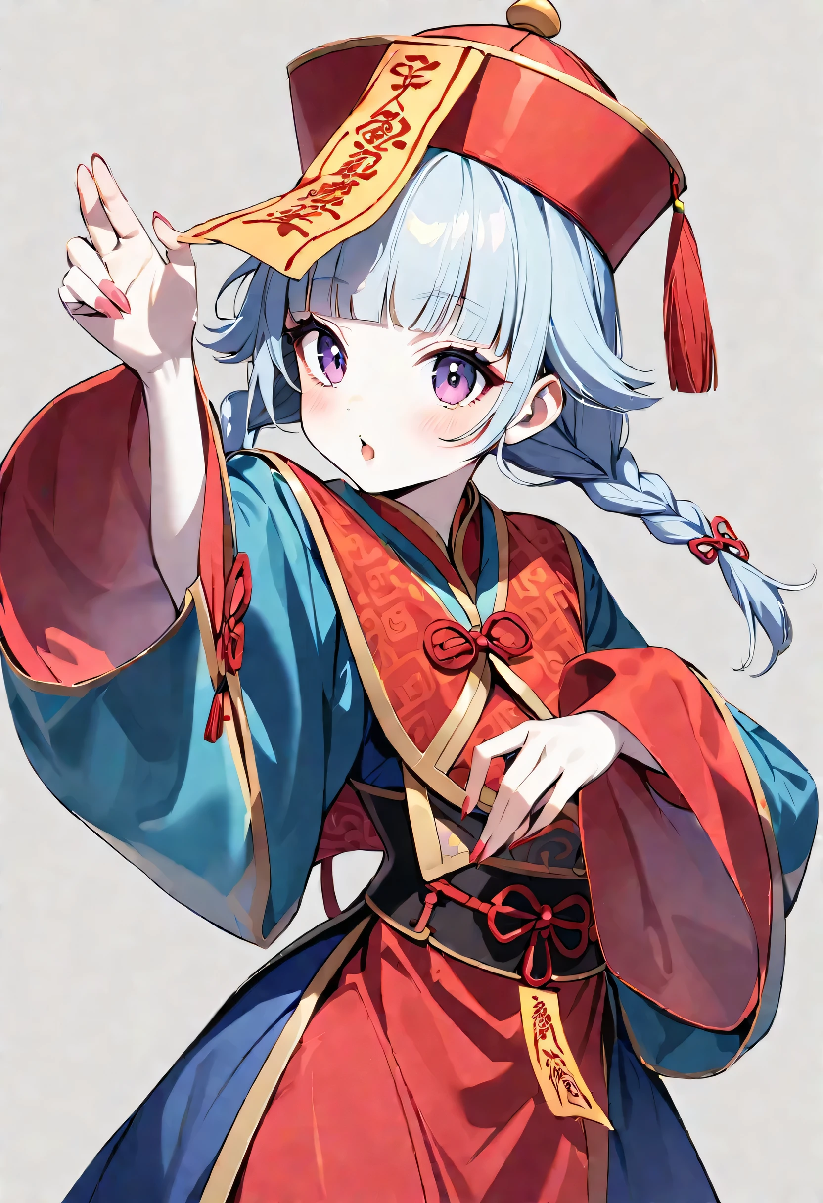 A beautiful young cosplayer dressed as a jiangshi, with pale skin, rosy cheeks, and dark circles under her eyes.  She wears a traditional  qingdai guanmao hat with an ofuda talisman and a flowing  Hanfu robe with exaggerated sleeves.  Her hair is styled in two neat braids with blunt bangs, and her lips are painted a bright red, giving a playful contrast to her "undead" appearance.  She poses with her arms outstretched, fingers curled like claws, capturing the iconic jiangshi stance with a cute and playful twist. 