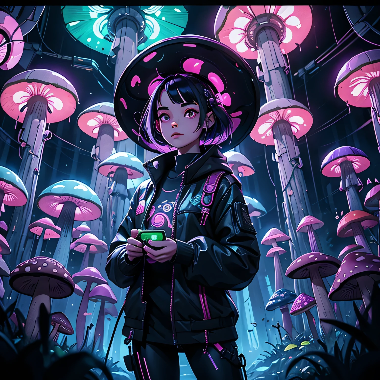 cyberpunk style painting depicting a little beautiful girl picking mushrooms in a neon lit forest. She is wearing futuristic equipment with optical fibers,holding_basket,high-tech feel. In terms of details,cyberpunk style,fusion of technology,cyberpunk elements.,cowboy_shot,absurdres,incredibly absurdres,huge filesize,expressionless,ruins,(full of strange colorful mushrooms),