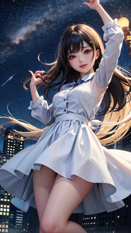 28 year old female。beautiful、City of night、Looking up at the stars in the sky、Serious face、Composition from below、Tons of stars、Place your hand on your chest、Fluttering skirt、A small pair of white panties is slightly visible