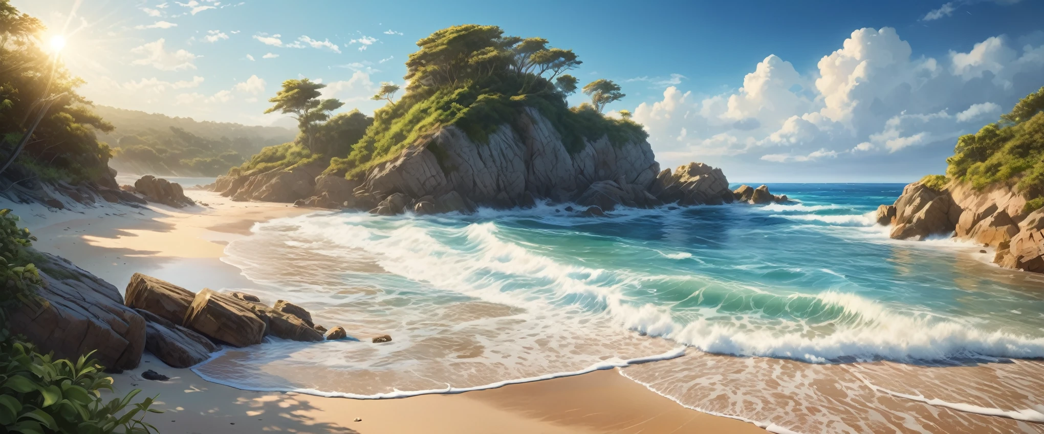 a serene coastal landscape, a picturesque beach with crystal blue waters, intricate details, dramatic lighting, cinematic composition, highly detailed, photorealistic, masterpiece, stunning colors, atmospheric, breathtaking scenery, beautiful horizon, waves crashing on the shore, sun-kissed sand, lush foliage, atmospheric lighting, tranquil atmosphere, magnificent coastal view, cinematic perspective, ultra-detailed, best quality