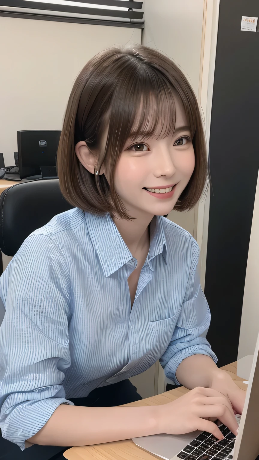 closeup shot , Best picture quality (8K, high resolution, Masterpiece: 1.2), super detailed, 215 Short Hair, -yeld wo,
situation: A scene of working on a computer in the office。
clothing: Smart business casual shirt and slacks、Loafers underfoot。
angle: Full side view of a person sitting at a desk。Concentrating on the screen、Close-up of a person taking notes。The moment when she smiles and talks with her colleagues is also good.。
, random cute pose ,big eyes ,Puffy eyes , Heart Pupil, blush , huge shy smile , salute