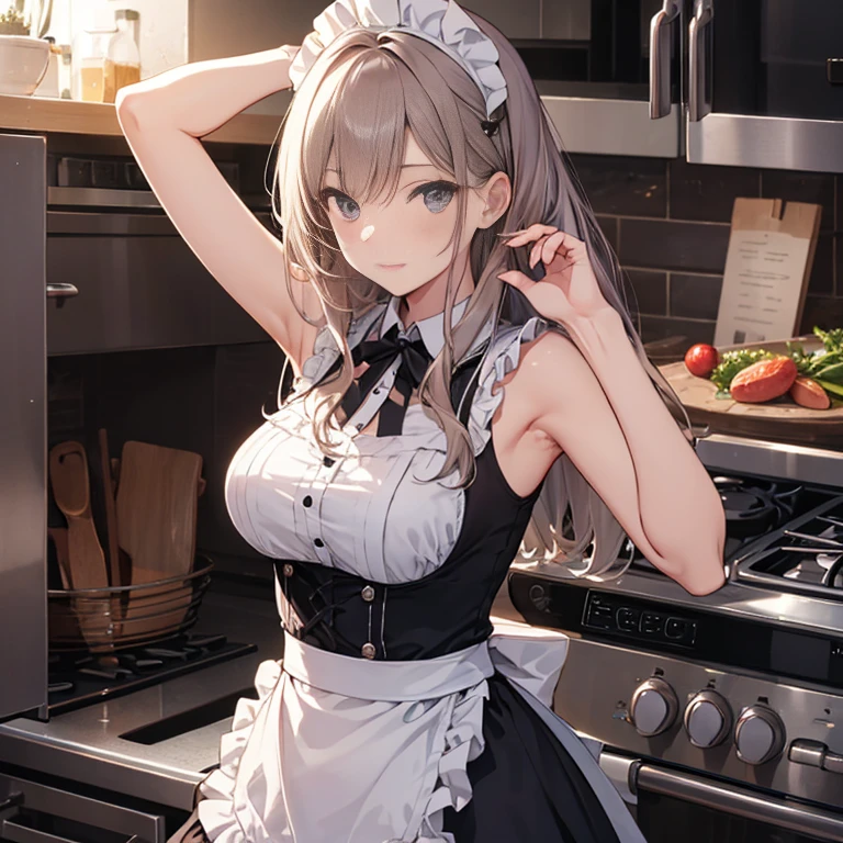 A maids, (in kitchen), various hair styles, night, details face, short skirt, seducing, sleeveless, maid uniform, armpits