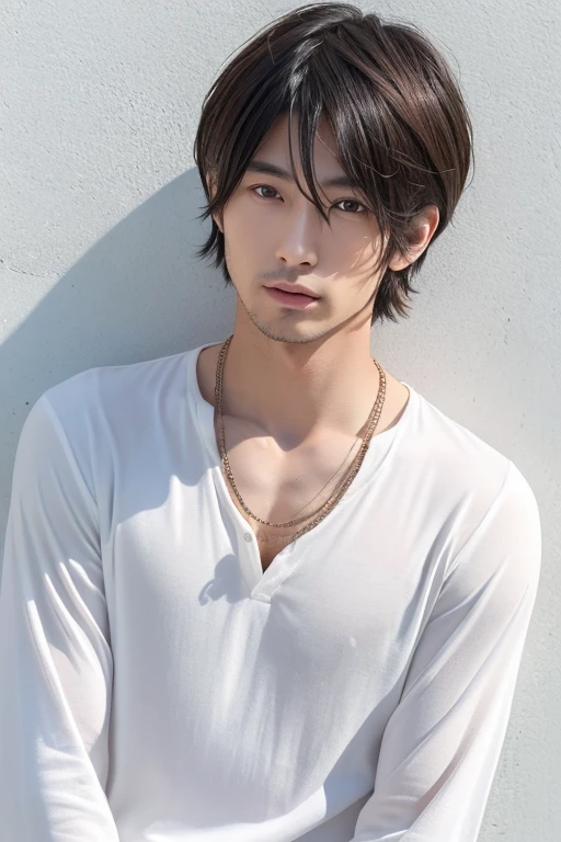(Highly realistic photos, High resolution, Detailed face, Fine Eyes), ((Photographed in front of a white wall))、Japanese Male, 30 years old, A variety of expressions, alone:1, Slim figure, Various Hair Styles, Casual clothing, There is only one person in the photo、Long sleeve dress、Photographed in natural light、Simple Necklace、Spring Clothes、Don't look at the camera、profile、Dark brown hair color