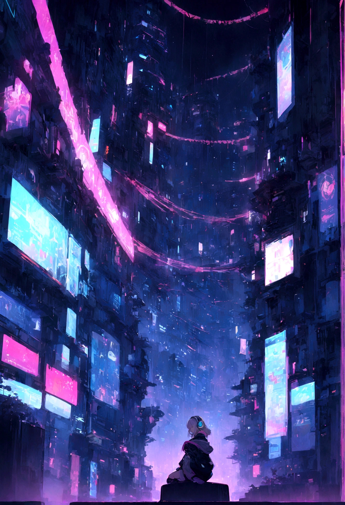 highest quality、masterpiece、night、Headphones、cyber punk、Cyber City、Sitting on high ground、Long Shot、Wide Shot、One Girl